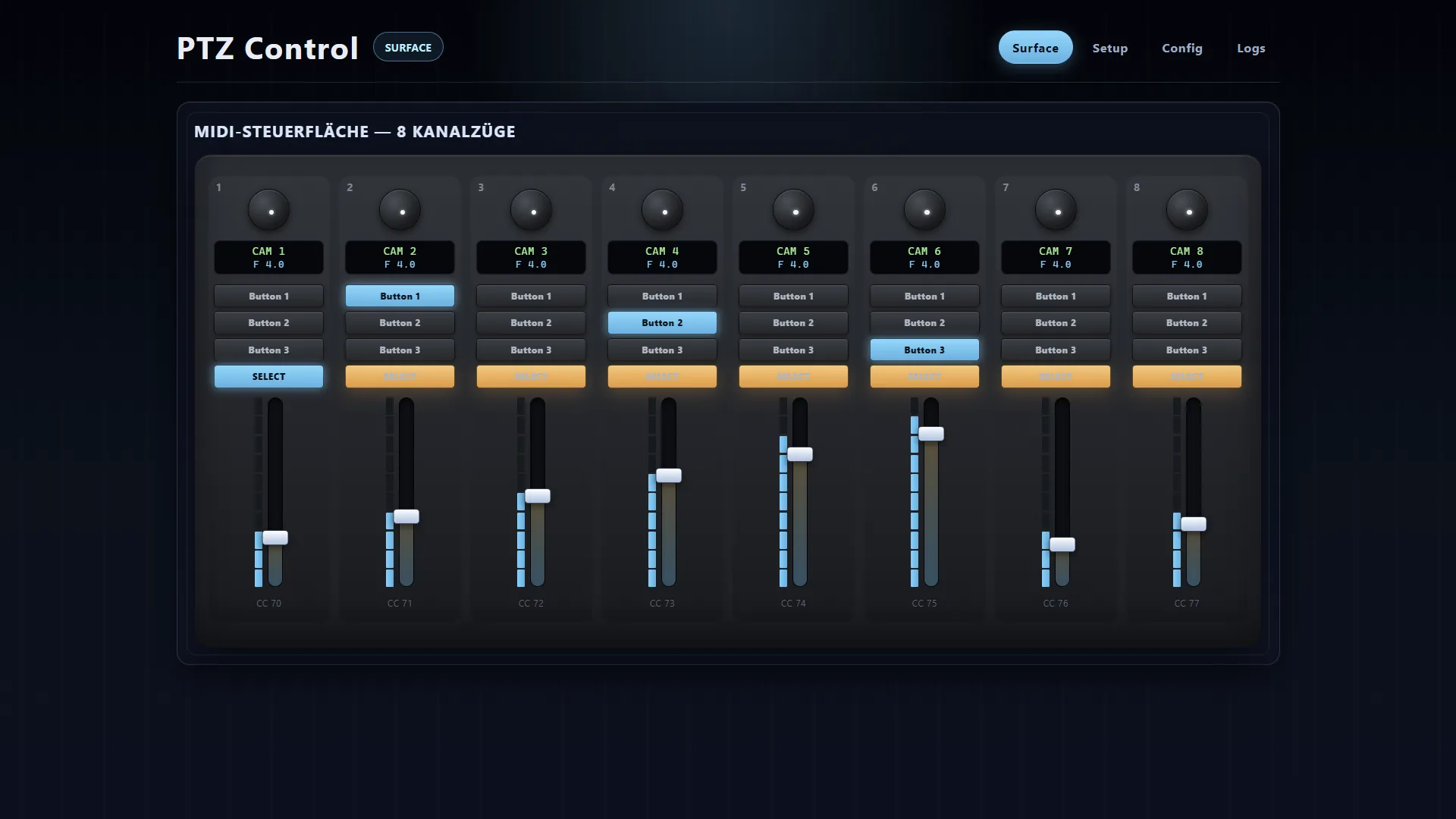Screenshot of the X-Touch PTZ Control web interface